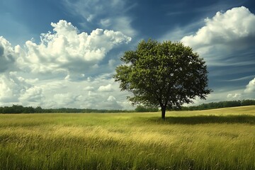 Obraz premium Single tree standing in a green field under blue sky with fluffy white clouds. Nature photography.