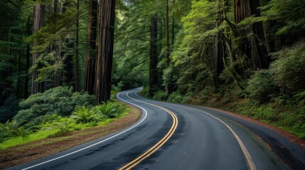 Obraz premium Highway winds through ancient redwoods, rich green foliage, ultra-realistic 8K clarity, perfect for cinematic and nature-focused concepts