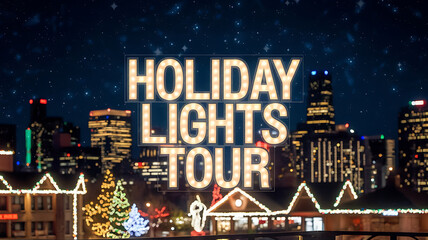 A glowing sign with the words "Holiday Lights Tour" against a backdrop of a city skyline with twinkling lights and a Christmas tree. 
