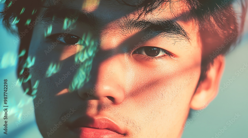Poster a close-up portrait featuring a young man illuminated by soft light and captivating shadows, creatin