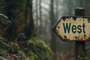 West direction signboard. West arrow, free copy space in the forest