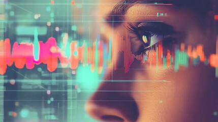 A close-up of a woman's eye with digital graphs and data overlays, symbolizing technology and visual perception.