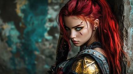 Medieval assassin character woman model with long red hair looking seriously background wallpaper AI generated image