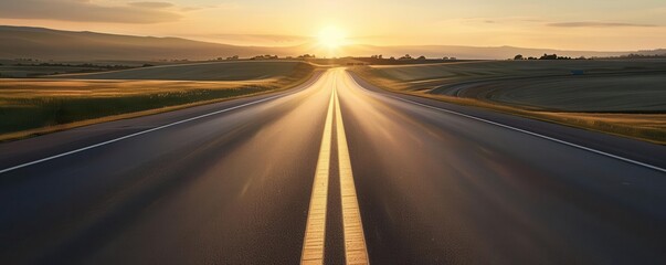 Obraz premium Morning sunlight casting shadows on a deserted highway, ultra-realistic 8K resolution, perfect focus on the warm light and serene scene