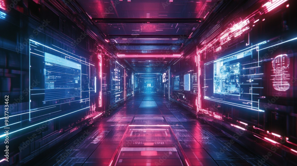 Poster cyberpunk tunnel of light data abstract digital glowing dynamic neon technology background wallpaper