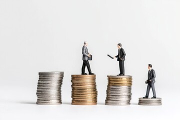 miniature business people standing on top of stacks of coins