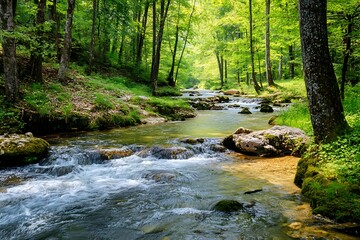Obraz premium Tranquil Stream Flowing Through Lush Green Forest