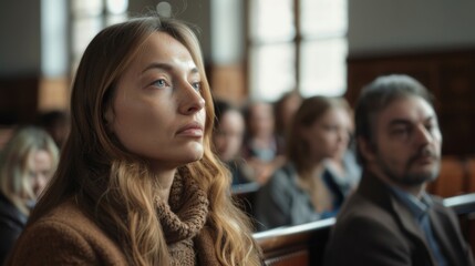 A woman in a courtroom deep in thought, surrounded by a group of people listening intently to a serious discussion.