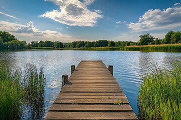 Obraz premium Wooden Dock Extending Over Calm Blue Lake, Surrounded by Lush Green Grass, and Blue Sky With Fluffy Clouds