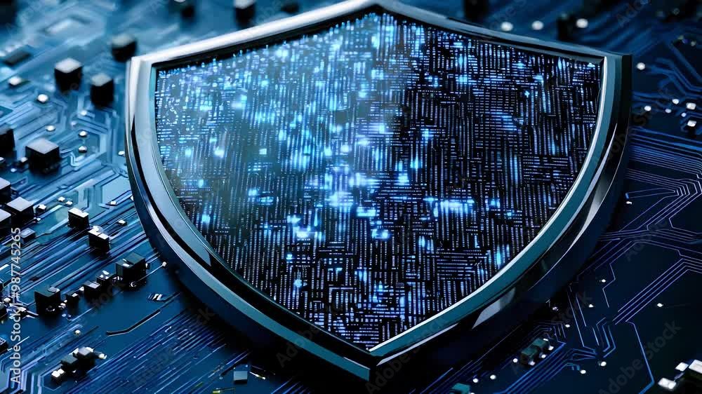 Poster digital shield icon protecting data on a circuit board, cybersecurity and information protection con