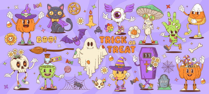 Cartoon retro groovy Halloween characters and monsters. Cute hippie ghost, pumpkin, cat vampire and bat vector personages. Psychedelic zombie hand, skull, mushroom, spider and trick or treat basket
