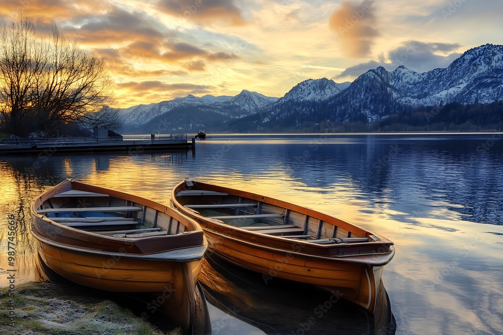 Poster Two wooden rowboats on a lake at sunset, with mountains in the background