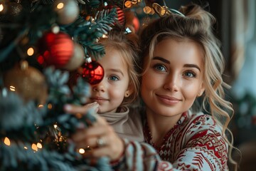 Cozy Moments Smiling Young Mother and Baby in Knitwear Surrounded by Warm Bokeh Lights
