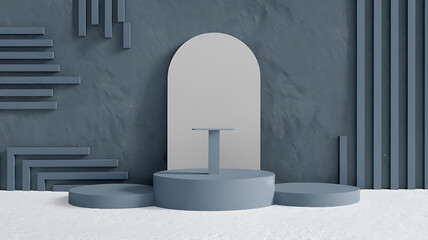 Abstract blue geometric shapes and a white background create a modern and minimalist product display. 
