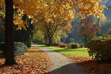 Fototapeta premium Autumnal park scene with path and golden foliage