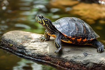 Close up of a Painted Turtle on a Rock in Water
