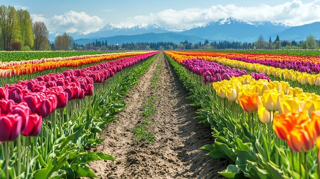 Vibrant tulip field under a clear blue sky and mountains