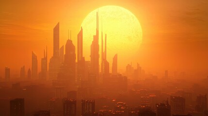 Futuristic city skyline silhouetted against a massive setting sun in an orange-hued sky.