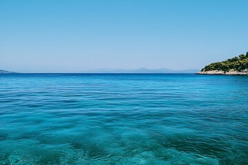 Fototapeta premium Clear turquoise water of a calm sea on a sunny day with a small island in the distance