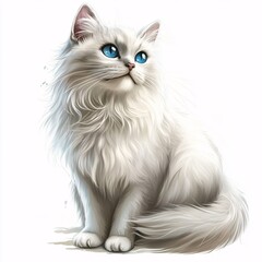 Adorable White Cat with Blue Eyes Illustration on White Background