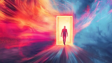 A silhouette steps through a vibrant, glowing doorway into an abstract, colorful realm of light and movement.