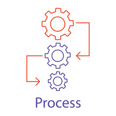 Vector icon for process with gear and connecting nodes. Represents workflow, system optimization, and business efficiency