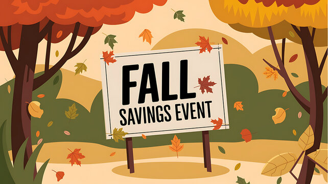 Fall Savings Event Sign with Orange and Green Trees 
Autumnal promotion and sale concept. 
