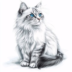 Elegant Chantilly-Tiffany Cat Illustration with Striking Blue Eyes on White Background