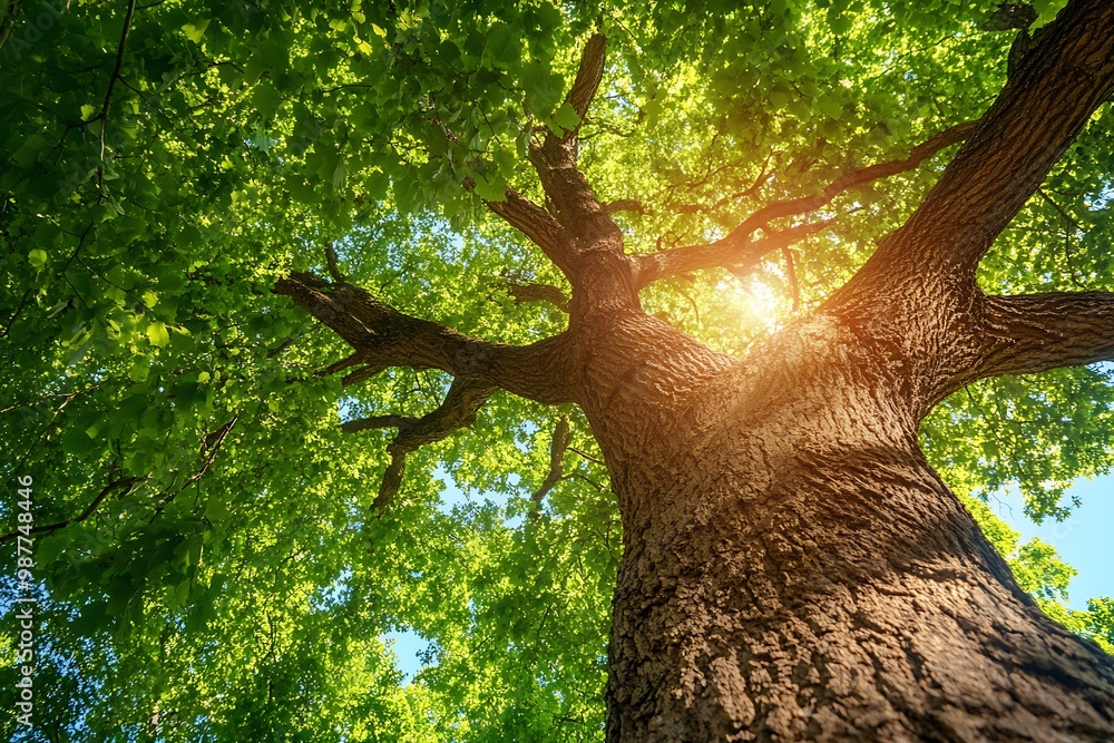 Poster sunlight shining through the canopy of a large tree, creating a natural light effect.