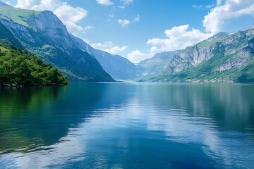 Scenic view of a lake and mountains with blue sky and clouds. Peaceful and serene nature landscape