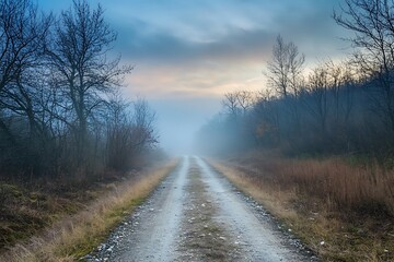 Fototapeta premium Mystical Foggy Road through the Forest with Light at the End