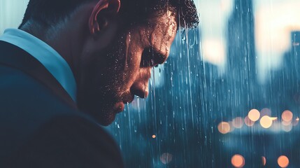 A thoughtful man in a suit stands in the rain, reflecting amidst city lights, showcasing emotion and resilience in nature.