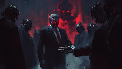 Man in suit surrounded by monsters.