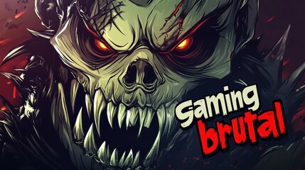 Obraz premium illustration gaming mascot, skull monster head logo, text ''gaming brutal