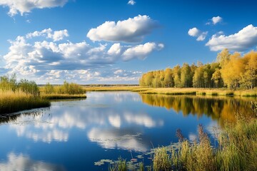Fototapeta premium Serene Autumn Landscape with Lake and Blue Sky Reflection