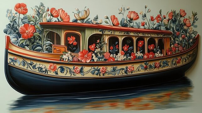 Hand-Painted Rose Floral Boat Model, Traditional hand painted tole design for a canal boat or a narrow boat.