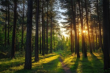 Fototapeta premium Sunset through the Trees in a Lush Green Forest