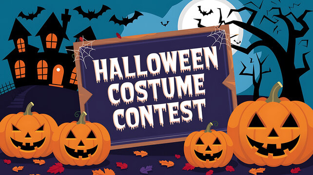 Halloween Costume Contest sign, pumpkins, and haunted house, orange and black,  fun and festive, Halloween party invitation. 
