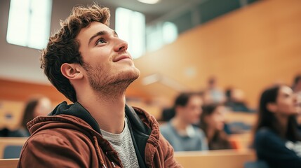 A young male student engaged in thoughtful contemplation during a lecture in a modern classroom setting.