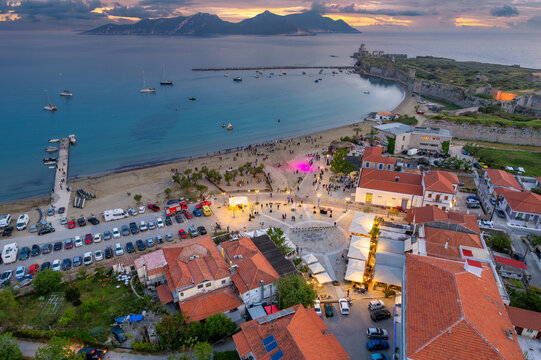 Aerial drone view of Methoni harbor with methoni castle as a background   in Messinia, Greece