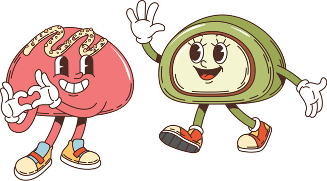 Retro cartoon Japanese mochi groovy characters with happy faces, vector comic sweets. Groovy funny mochi friends with love sign and Hello Hi gesture, Japanese cuisine desserts retro cartoon characters