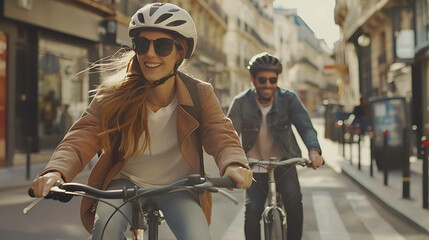 A woman in a helmet smiles while riding a bicycle in a city street with another person.