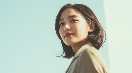 Fototapeta premium A young woman stands confidently against a bright blue sky, exuding professionalism and charisma in her stylish outfit.