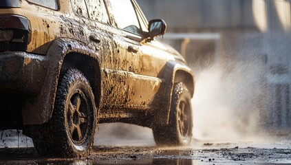 Muddy car driving through water puddle.