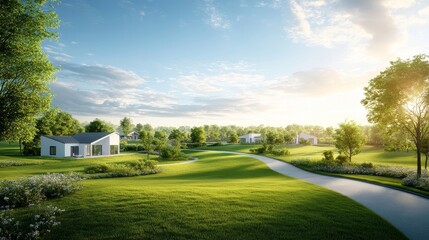 Naklejka premium Serene Countryside Landscape with Modern Homes