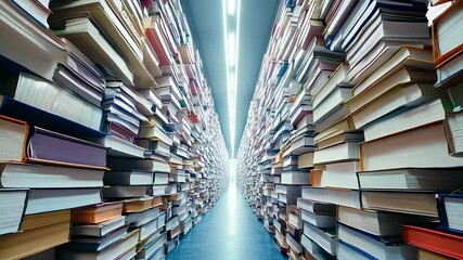 Endless rows of stacked books in a narrow hallway, knowledge and literature in an academic library or bookstore perspective