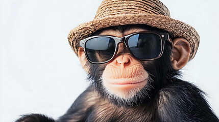 A cool chimpanzee wearing sunglasses and a straw hat.