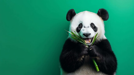 Fototapeta premium A cute panda bear eats bamboo against a green background.