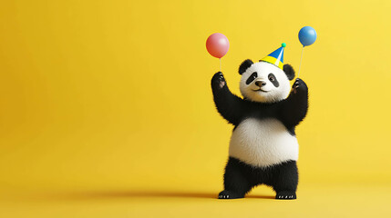 Naklejka premium A cute panda bear wearing a party hat holds two balloons on a yellow background.