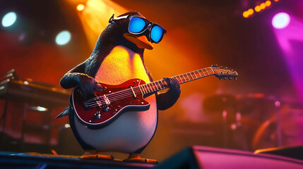 Naklejka premium A cool penguin rocking out on an electric guitar on stage.